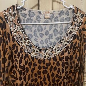 Zoe D. Beaded Cheetah Print Sweater